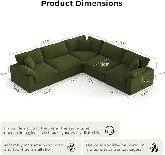 211.6" Cloud Modular Sectional Sofa,Green Down Filled Sofa 5 Seat,Minimalist Sofa Cover Washable and Replaceable Couches for Living Room,Sectional Sofa Deep Seat