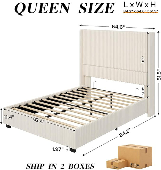 UNIQUITE Queen Size Lift Up Storage Bed Frame with 51 Inch Tall Wingback Headboard, Corduroy Upholstered Platform Bed with Hydraulic Storage, 2 USB Ports, No Box Spring Needed, Noise-Free, Beige