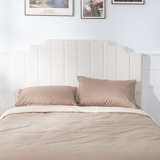 Queen Headboard Only - Beige Velvet Upholstered Headboard for Bed, No Assembly Required, Pure Sponge Design, Comfort Head Board, Place Between Bed & Wall, Vertical Stripe with Stepped Crown Top Edge