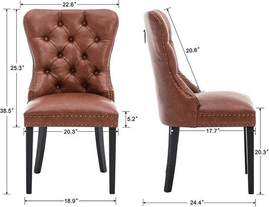 EALSON Modern Dining Chairs Set of 6 Mid Century Leather Dining Room Chairs with Wood Legs Tufted Upholstered Kitchen Side Chairs with Nail Head Trim for Dining Room/Living Room, Brown with Ring