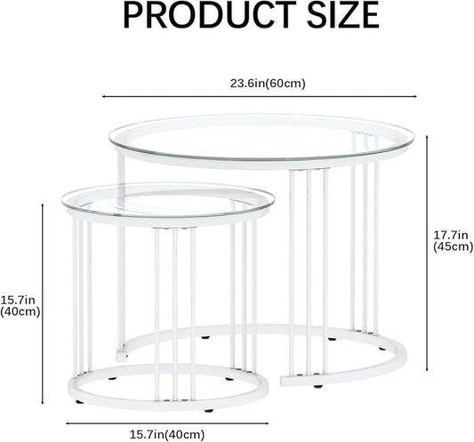 Garden 4 you Nesting Coffee Table, 23.6" Round Coffee Table Set of 2, Glass Nesting Table with Metal Frame, Ceter Tables for Living Room Bedroom Balcony, White