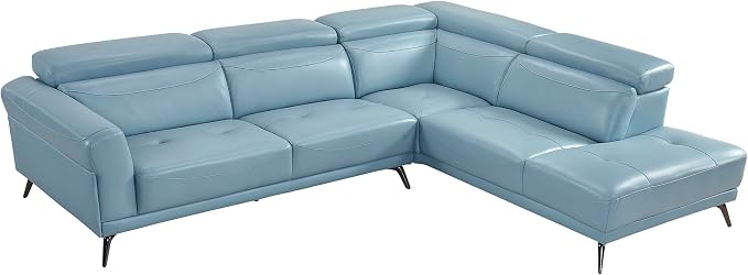 Lexicon L-Shaped Sectional Couch with Right Chaise, Top Grain Leather Match Sectional Sofa, Adjustable Headrests, Black Chrome Metal Legs, High-Density Cushions, Stitching, for Living Room, Blue