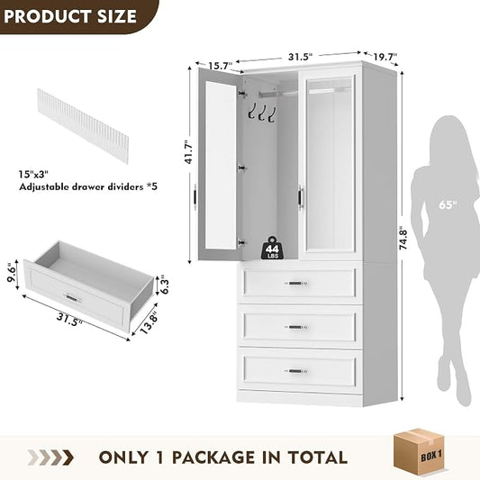 MEISSALIVVE Armoire Wardrobe Closet with 2 Door & 3 Drawers, 74.8" Large Wardrobe Cabinet with Hanging Rod, Freestanding Modern Bedroom Armoire Storage Cabinet, White