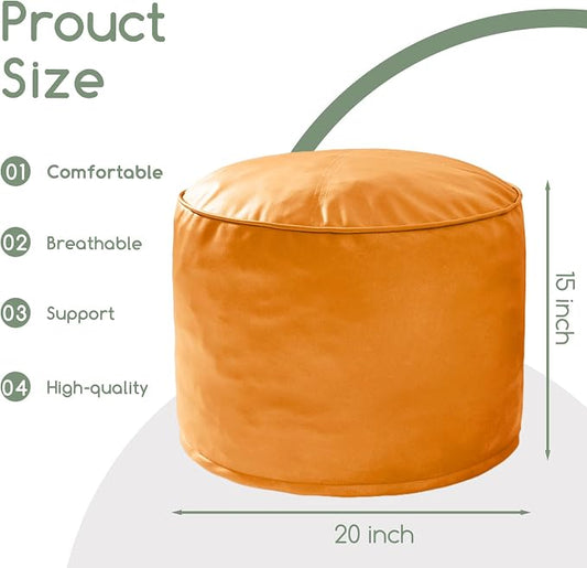 HIGOGOGO Round Stuffed Pouf Ottoman, Pu Leather Poufs with Foam Chunk Filling, Furry and Fluffy Pouf Foot Stool Storage Ottoman, 20 X 15 Floor Poufs Foot Rest for Living Room, Orange