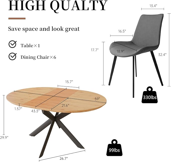 HIPIHOM 43.2"-59.1" Extendable Dining Kitchen Table with 6 PU Chairs | 6 leather chairs included, mid century modern round table, oak MDF top, scratch resistant, space saving design