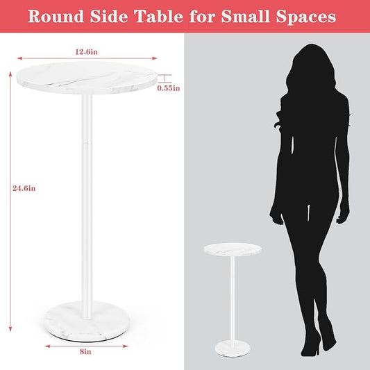 White Round Side Table Small End Table Set of 2 Modern Accent Table Pedestal Drink Table with Marble Base for Small Spaces Living Room Bedroom Outdoor
