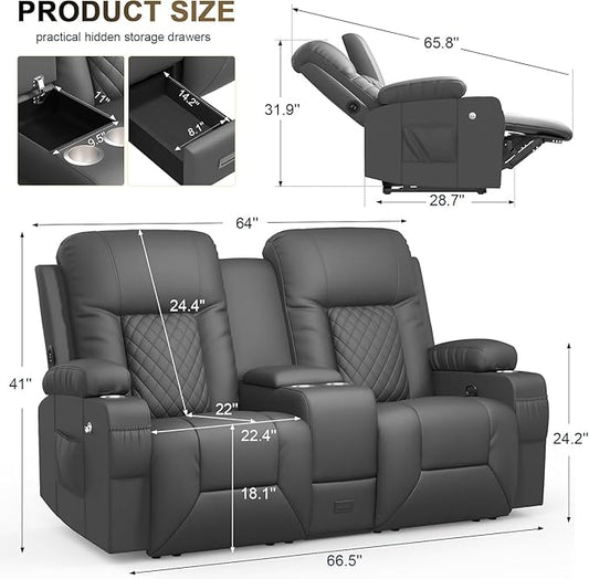 YONISEE Large Loveseat Recliner, Loveseat Recliner Sofa with Storage Console, Recliner Chair with USB Ports, 2 Cell Phone Holders, Cup Holder, Loveseat Couch for Living Room (Dark Gray)