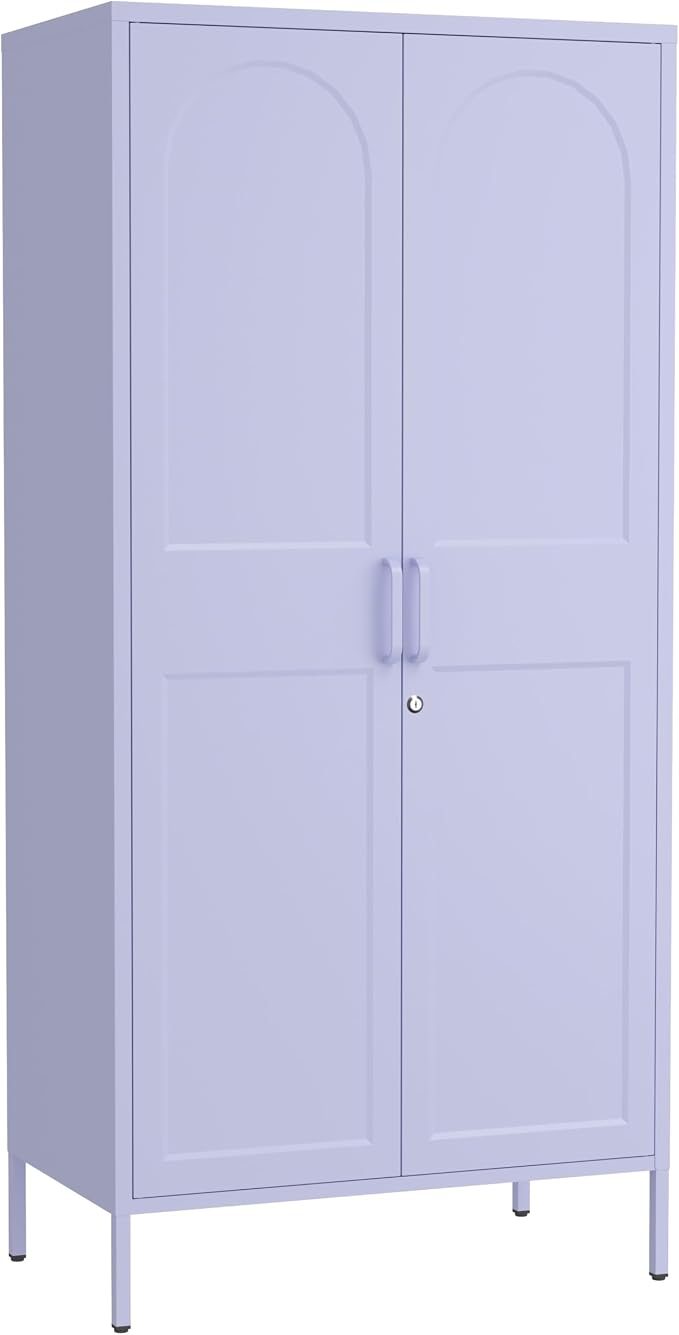67 Inch Lockable Lavender Purple Metal Storage Wardrobe, French Retro Arched Door Steel Closet with Hanging Rod & Adjustable Shelves for Bedroom Office Size:67" H x 31.5" W x 18.1" D