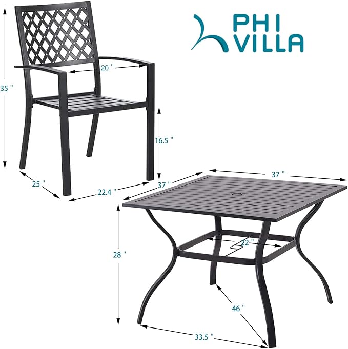 PHI VILLA 5 Pieces Outdoor Dining Set for 4, 37” Black Square Metal Table with Umbrella Hole & Stackable Wrought Iron Chairs, Outdoor Table and Chairs for Patio, Deck, Yard, Porch