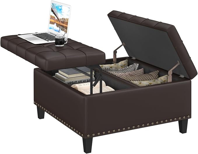 FiveWillowise Square Leather Ottoman with Storage, Faux Leather Coffee Table with Lift Top,Large Upholstered Footrest Stool Toy Box Storage Bench for Bedroom Living Room, Chocolate