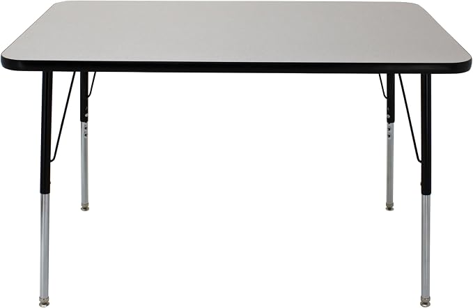 FDP Rectangle Activity School and Office Table (30 x 48 inch), Standard Legs with Swivel Glides, Adjustable Height 19-30 inches; Quick Ship Single Box - Gray Top and Black Edge