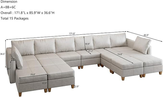 EASE MOOSE U Shaped Modular Sectional Sofa with Storage, Faux Leather Sectional Sofa Oversized Modular Sectional Couch with Reversible Chaises for Living Room