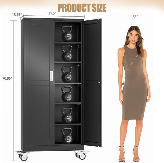 75" H Metal Pantry Storage Cabinet with Wheels,Rolling Kitchen Pantry Cabinet with 2 Doors and 5 Adjustable Shelves, Locker Steel Cabinet,Organization Cabinet for Garage,Home,Gym,School,Black