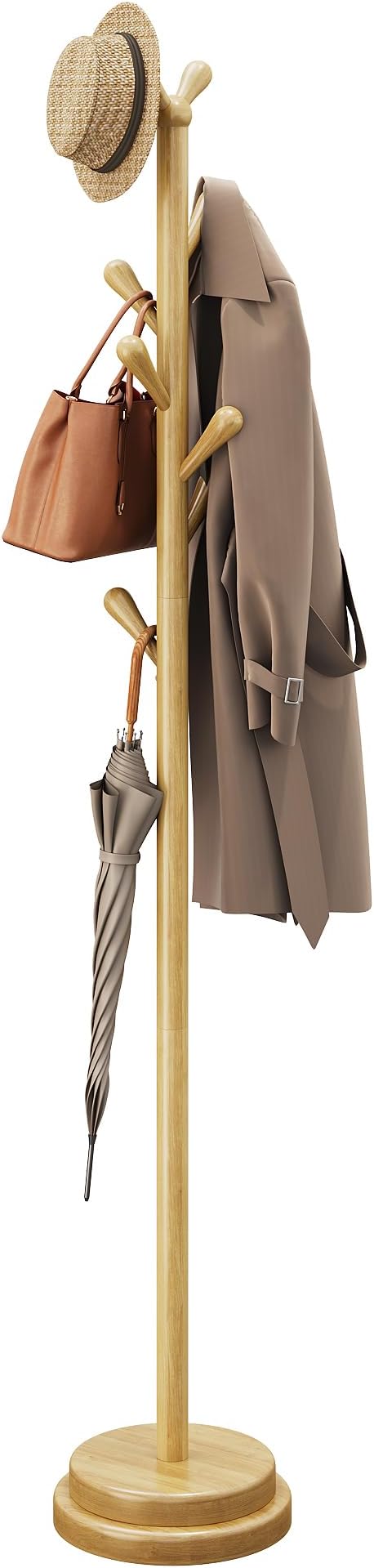 Freestanding Coat Rack, Solid Wood Coat Tree with 8 Smooth Rounded Hooks, Adjustable Height Heavy Duty Coat Rack with Dual-Layer Base, Holds Coats Hats Bags for Entryway, Bedroom, Living Room