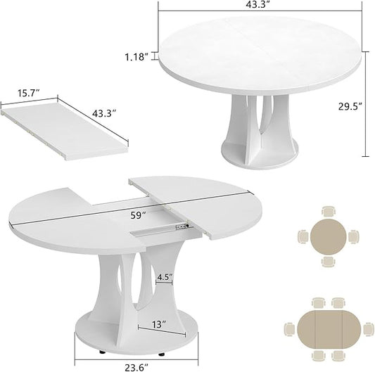Einhomn 43-59" Extendable Round Dining Table, Kitchen Table for 4-8, Farmhouse Circle Dining Room Table with Removable Leaves, Hidden Storage, Space Saving Wood Kitchen & Dining Room Furniture, White