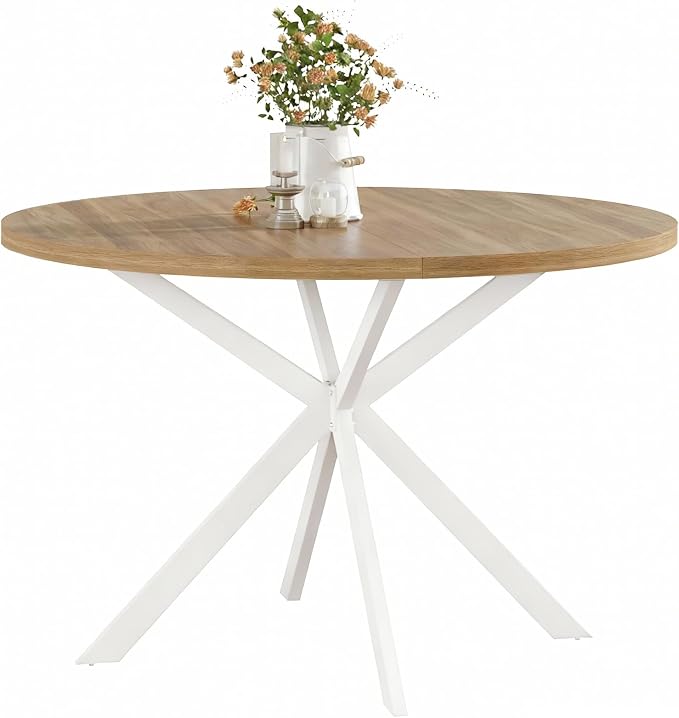 ChooChoo 47.2 Inch Round Dining Table for 4, Farmhouse Wood Kitchen Table, Circle Dinner Table for Kitchen & Dining Room, Walnut&White