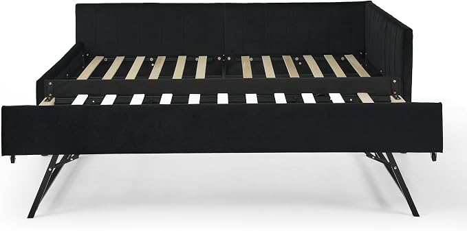 KEIKI Full Size L-Shpaed Upholstery Daybed with Erectable Trundle, Full to King Design Mid-Century Extendable Velvet Sofa Bed, Easy Assembly, No Box Spring Required, for Living Room and Bedroom, Black