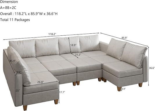 EASE MOOSE Modualr Sectional Couch U Shaped Sofa with Storage Ottomans, Gray Faux Leather Sectional Sofa Modular Couch,Whitesand