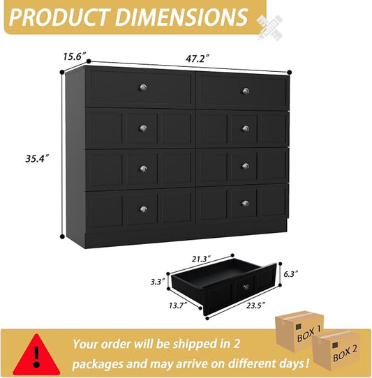 8 Drawer Dresser for Bedroom: 47" Black Chest of Drawers with Deep Drawers, Tall Modern Dresser with Storage, Fluted Wood Dressers for Bedroom, Living Room
