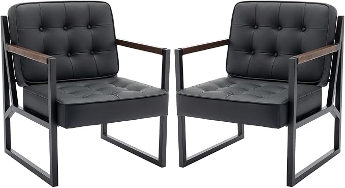 COLAMY Mid Century Modern Accent Chair Set of 2, Comfy Living Room Chair, Black Leather Accent Chair, Faux Leather Reception Armchair with Metal Legs for Living Room Bedroom Reception Office, Black