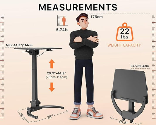 JOY worker Foldable Mobile Standing Desk, Height Adjustable Sit Stand Desk, 90° Tiltable Rolling Laptop Table, Portable Workstation with Non-Slip Mat for Home Office, Holds Up to 22lbs, Black