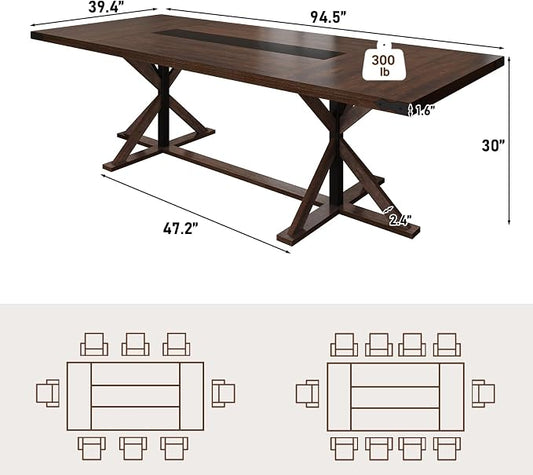 Hlivelood 94" Large Dining Table for 10 People, Rectangular Kitchen Farmhouse Table W/Thickness Waterproof Wood Tabletop,Long Dining Room Tables W/Wood Strip Base for Kitchen Living Room(238CM Brown)