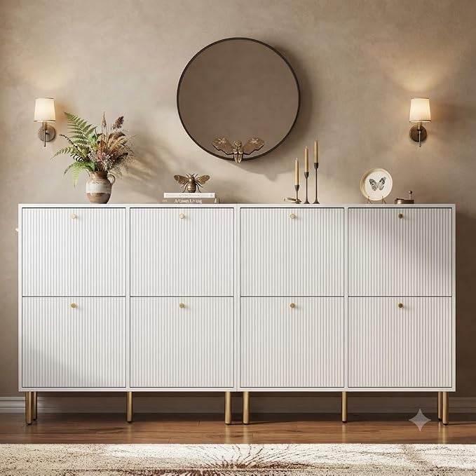 Nicetree White Shoe Cabinet for Entryway, 4 Flip Drawers Shoe Storage Cabinet with Tiered Fluted Design, Slim Narrow Shoe Rack for Small Spaces, 9.5" Deep Shoe Organizer with Metal Legs
