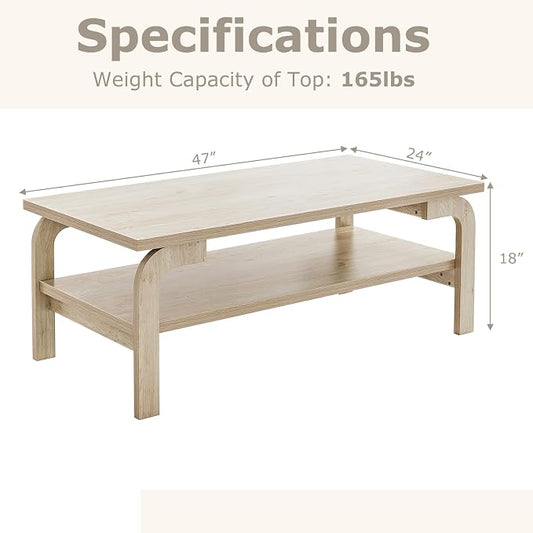Giantex 2-Tier Coffee Table with Storage, 47” Mid Century Rectangle Accent Table with Open Shelf, Large Tabletop & Curved Legs, Rustic Style Wood Cocktail, Center Table for Living Room, Natural