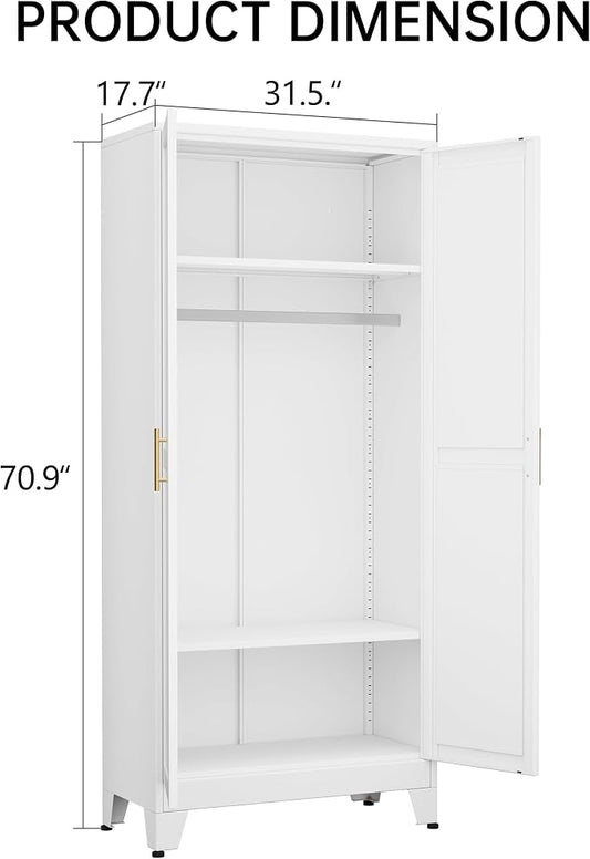 Metal Armoire Wardrobe Closet Storage Cabinet with Hanging Rod,71'' Metal Wardrobe Cabinet with 2 Doors and 2 Adjustable Shelves for Bedroom, Laundry Room, Cloak Room
