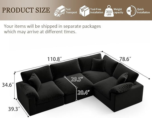Modular Sectional Sofa, 4 Seater Cloud Couch,Down Filled Comfy Cloud Modern Sofa,Black Linen Oversized Couch Cushion Covers Removable for Living Room