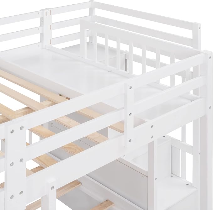 VilroCaz Upgraded Version Full Over Twin & Twin Bunk Bed, Solid Wood Triple Bunk Bed with Storage Drawers and Staircase, Strong Sturdy Bunk Bed Frame with Guardrails for Kids Teens Aldults