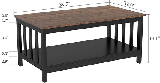ChooChoo Farmhouse Coffee Table, Black Living Room Table with Shelf, 40 Inch