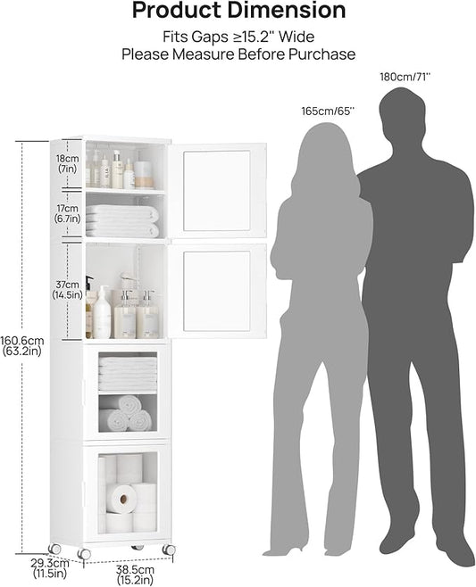 Vtopmart 63.2" Tall Slim Bathroom Storage Cabinet with 4 Adjustable Shelves and 4 Doors, Freestanding Cabinets Organizer with Wheels and Anti-tip for Laundry, Kitchen, Pantry, White