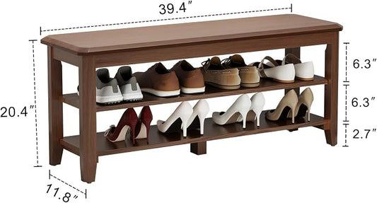 AQIMUELE Wood Shoe Rack Bench for Entryway, 2 Tier Shoe Rack for Front Door Entrance, Shoe Bench with Shoe Storage for Entryway, Bedroom, 39.4"