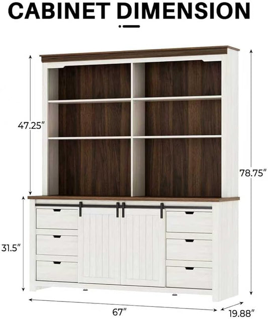 Bobve 78 * 67" Large Farmhouse Pantry Cabinet with Countertop, Buffet Cabinet,Tall Kitchen Hutch with Partitions and 6 Drawers,Suitable for Kitchen,Dining Rooms,Easy to Assemble