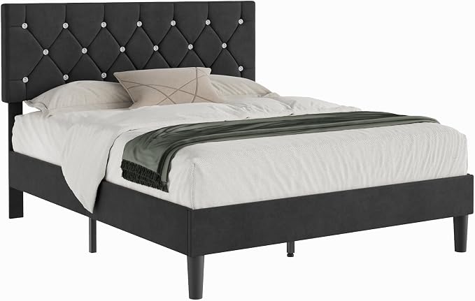 VECELO Queen Size Bed Frame, Upholstered Platform with Adjustable Diamond Tufted Headboard, Wood Slat Support, No Box Spring Needed, Velvet & Black