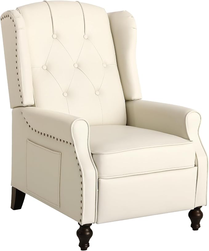 Wingback Recliner Chair with Massage and Heat, Tufted PU Leather Push Back Arm Chair for Living Room Vintage Recliner Chair with Remote Control, Padded Cushion, Backrest (Beige-pu)