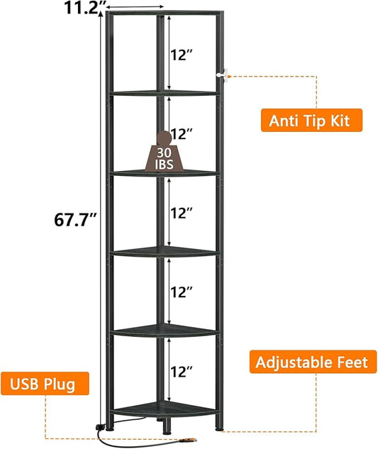 Furnulem 6 Tier Corner Shelf with LED Light, 67.5” Tall Standing Shelf Organizer, Black Narrow Bookshelf with Storage Rack for Wall Corner, Living Room, Bedroom, Metal Frame, Wood Display Shelf