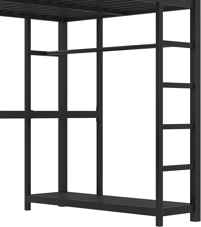Bellemave Twin loft Bed with L Desk, Wardrobe, Metal Twin Loft Bed Frame for Adults, Kids, Teens, Black
