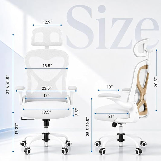 Ergonomic Office Chair for Back & Neck Pain Relief, Virgin Foam Seat, 2D Adjustable Lumbar & 3D Headrest, Tilt & Rock for Relaxation, Ideal for Long Sitting Comfort, White/Gold