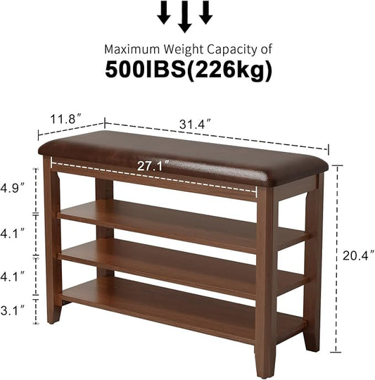 AQIMUELE Shoe Bench with Leather Cushion, 3 Tiers Shoe Storage Bench Height Adjustable, Walnut Wood Entryway Bench for Hallway, Mudroom
