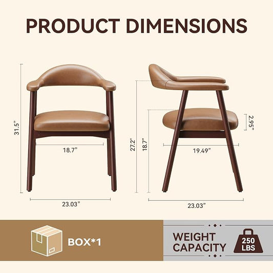 MALOL Leather Dining Chair with Armrest Set of 2, Upholstered Dining Room Chair with Curved Back and Wood Legs, Mid Century Modern Kitchen Chairs for Kitchen Dining Room,Brown