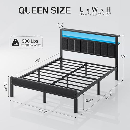 OLEVS Queen Size Bed Frame with LED Lights & Charging Station, Modern Platform Bed with 2-Tier Storage Headboard, No Box Spring Needed, Noise Free