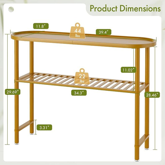 Bamboo Foyer Table for Entryway 39.4", Farmhouse Entryway Table for Hallway Oval Top, Sofa Console Table with Anti-fall Edge, TV Stand for Living Room, Indoor Plant Stand, 5min Easy Assembly, Walnut