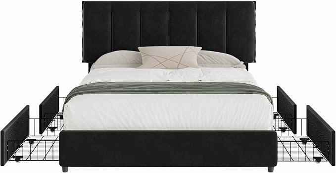 VECELO Queen Size Bed Frame with 4 Storage Drawers, Adjustable Height Headboard, Heavy-Duty Platform Bedframe with Strong Wooden Slats, No Box Spring Needed, Black