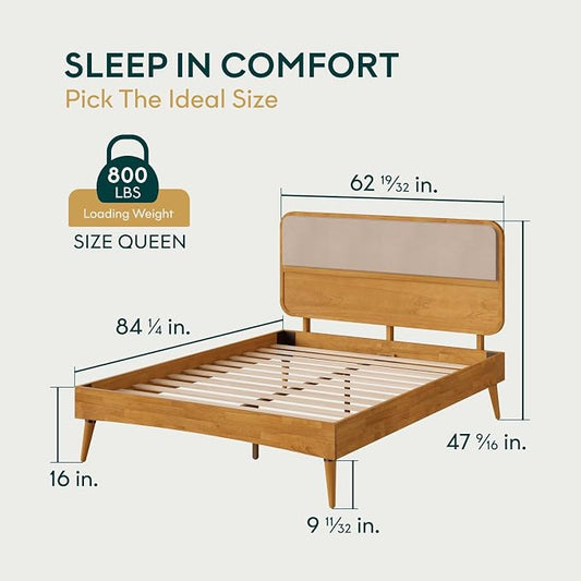 Bme Calista Queen Size Bed Frame – Solid Wood Platform Bed with Upholstered Headboard, Teak Brown Finish, Mid-Century Modern Style with Sturdy Slats & Tapered Legs, No Box Spring Needed