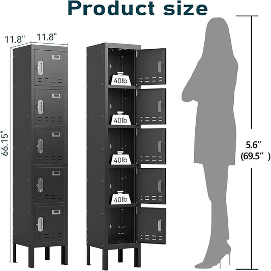 BUTISOW Metal Lockers - 66" Height Steel Lockers for Employees with 5 Door Storage Locker with Card Slot for Employees Gym School Home Office Garage - Assembly Required