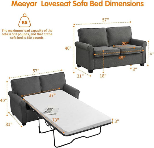 57 inches Loveseat Sleeper Sofa, 2-in-1 Pull-Out Couch Bed with High-Density Sponge Mattress for Small Apartment, Living Room, Guest Room,Grey