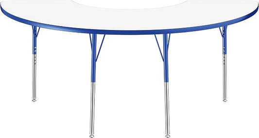 FDP Dry-Erase Half Moon Activity School and Office Table (36 x 72 inch), Standard Legs with Swivel Glides for Collaborative Spaces, Adjustable Height 19-30 inches - Whiteboard Top, Blue Edge and Legs