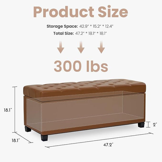 47.2" Ottoman with Storage, Storage Ottoman Bench with Safety Hinge,Tufted End of Bed Bench, Upholstered Entryway Bench for Bedroom, Living Room & Window (Brown-Upgraded Version)